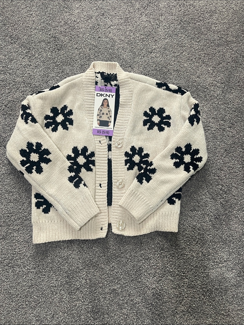 DKNY Cream and Black Floral Button-Up Cardigan
